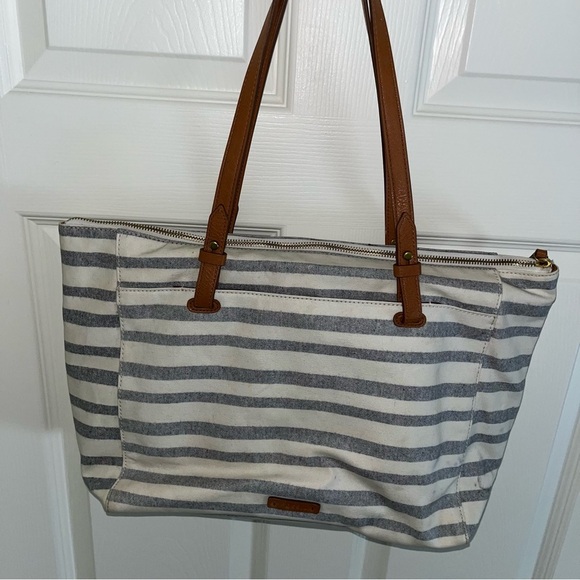 Fossil Gray White Striped Tote Bag Purse Pom Pom tassels 18” x 11” - Picture 5 of 6